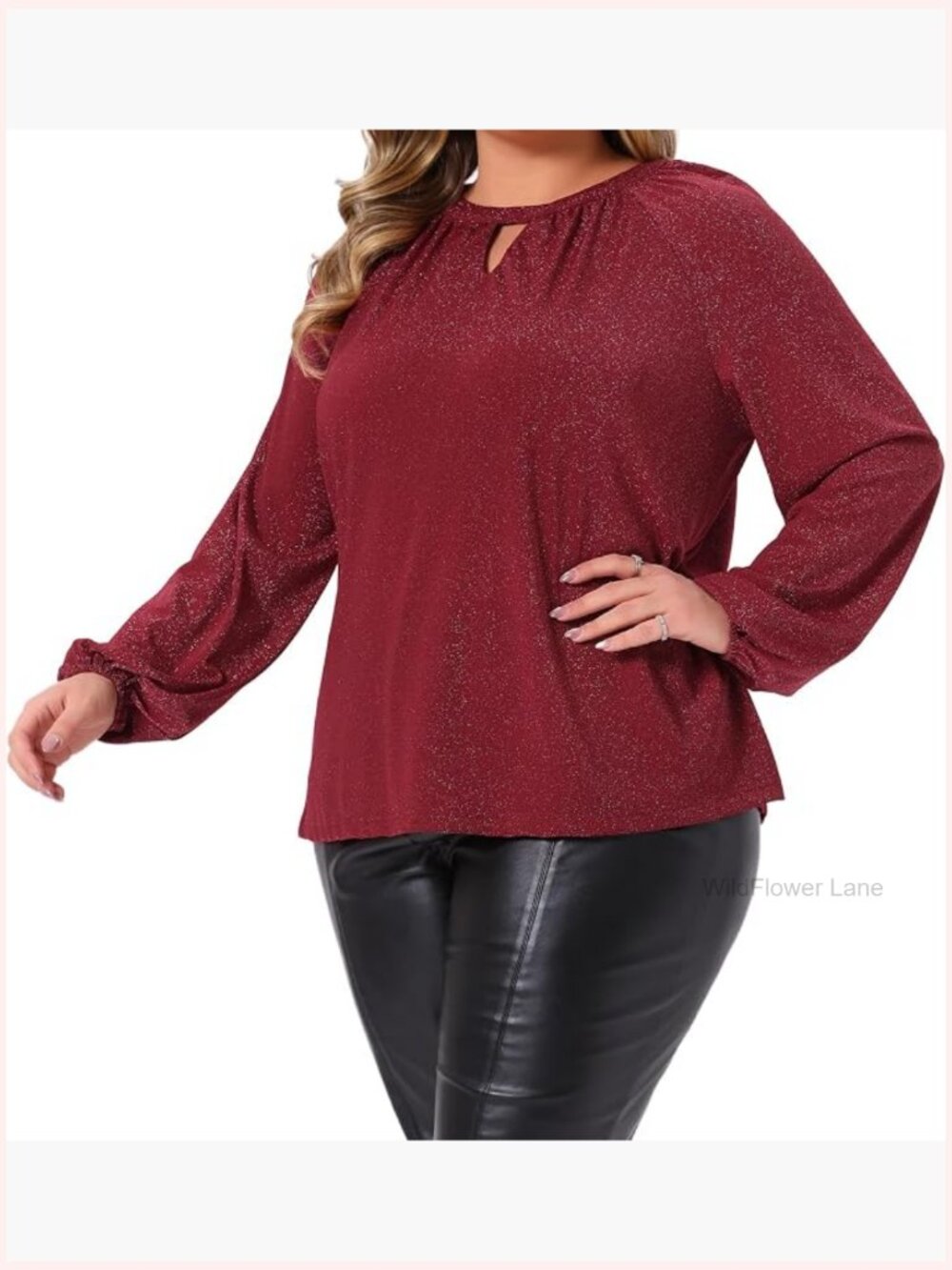 Plus Size Glitter Top Keyhole V Neck Long Sleeve Blouse